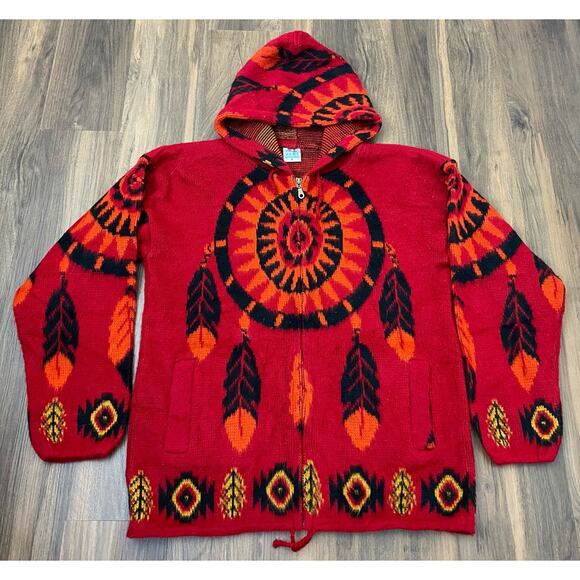 Yari Artesanias Ecuador wool dreamcatcher Aztec wool zip-up sweater hoodie, M - Picture 1 of 5